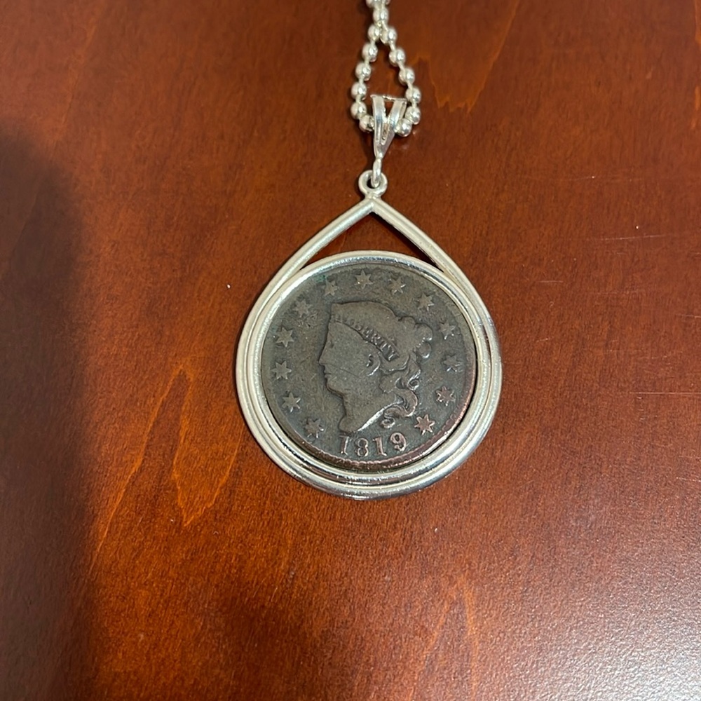 1819 United States One Cent Piece Copper Coin Pendant on 32” Sterling Chain